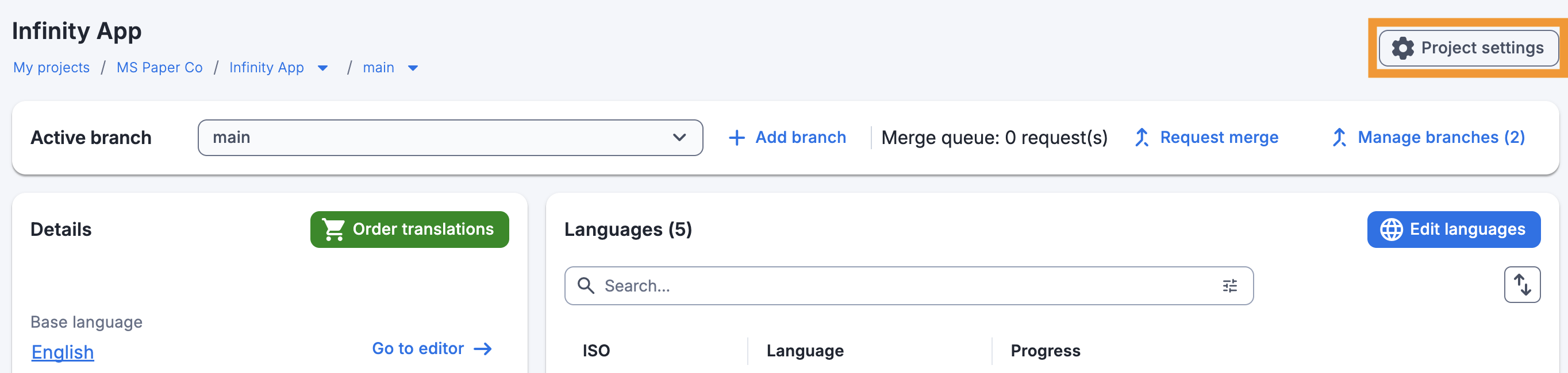 Project settings button on the dashboard