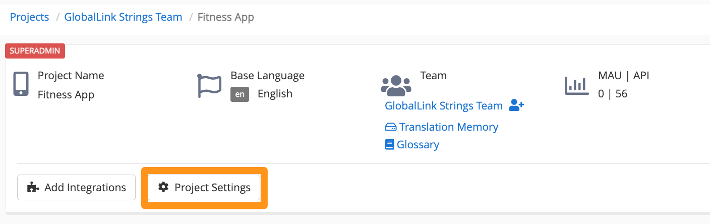 Project Settings on Project dashboard
